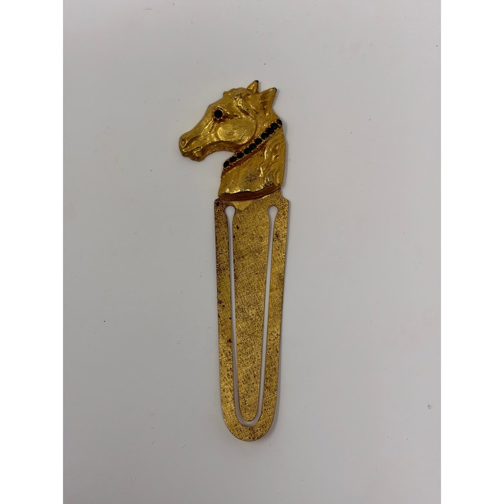 Vintage Florenza Horse Head Bookmark Gold Tone Green Rhinestone Equestrian